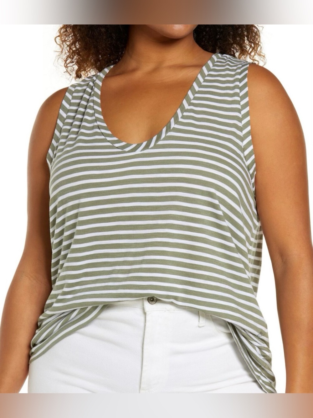 Caslon Striped U-Neck Tank Top in Olive & White Size Medium
